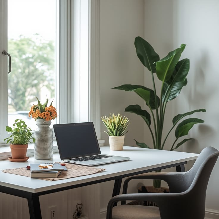 A tidy home workspace with a laptop, a plant, and an empty chair pushed back
